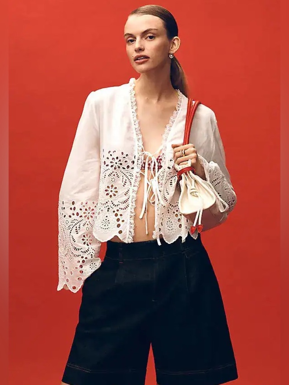 Anthropologie Lace-Trim Eyelet Tie-Front Crop Top - White